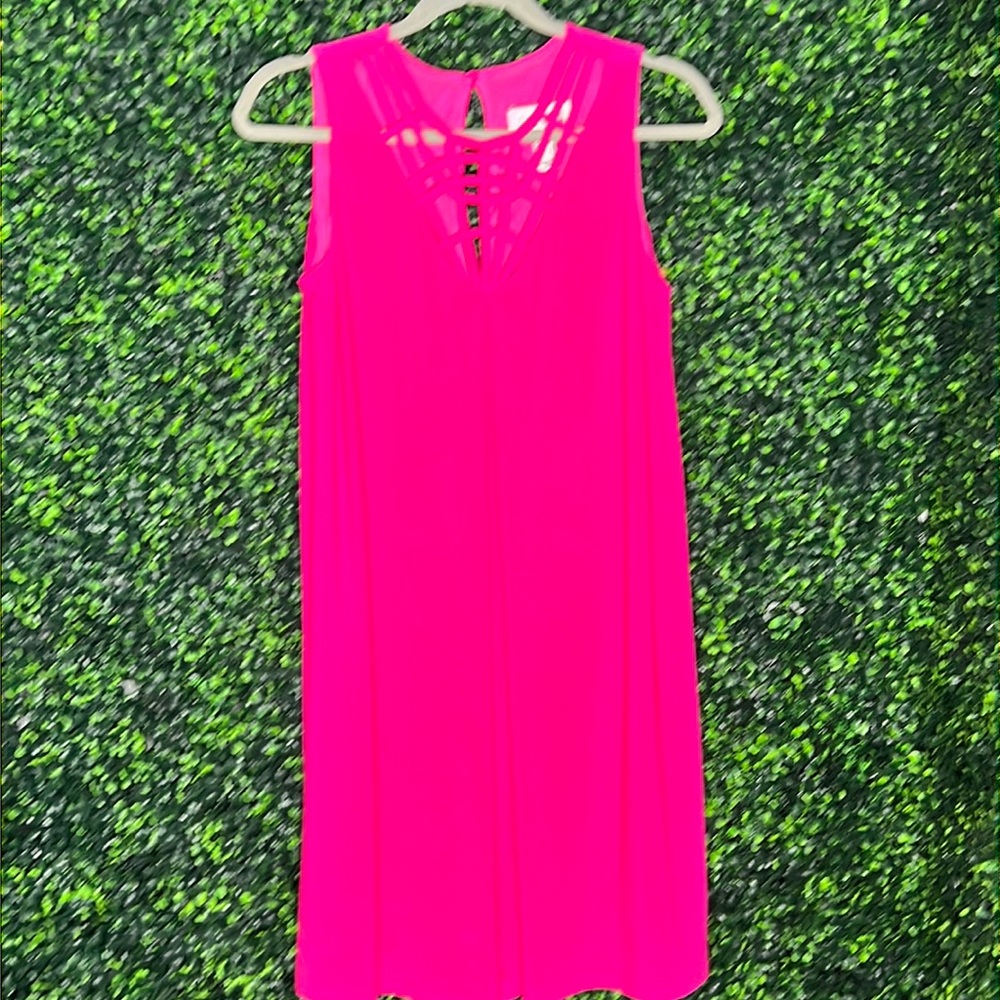 Joseph Ribkoff Neon Pink Ruffle Collar Shift Party Dress v neck SZ 4 sleeveless